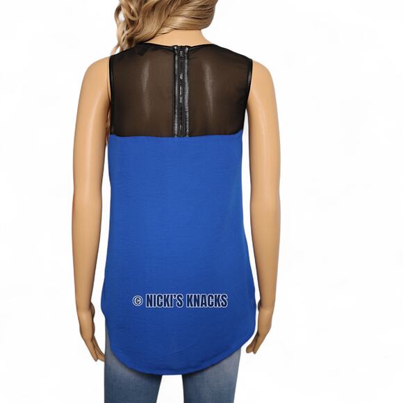 Express Cobalt Blue Chiffon Tank Top Mesh Back Zip Sleeveless Blouse Size M - Picture 4 of 9